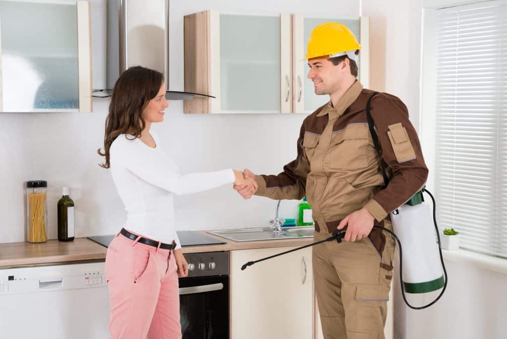 Woman And Pest Control Worker Shaking Hands