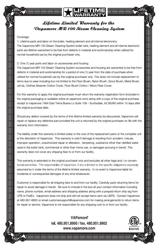 vapamore mr-100 warranty