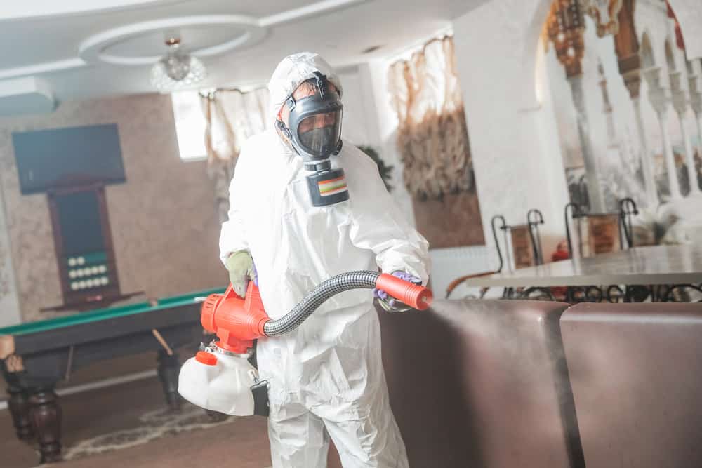 Pest control specialist in hazmat suit